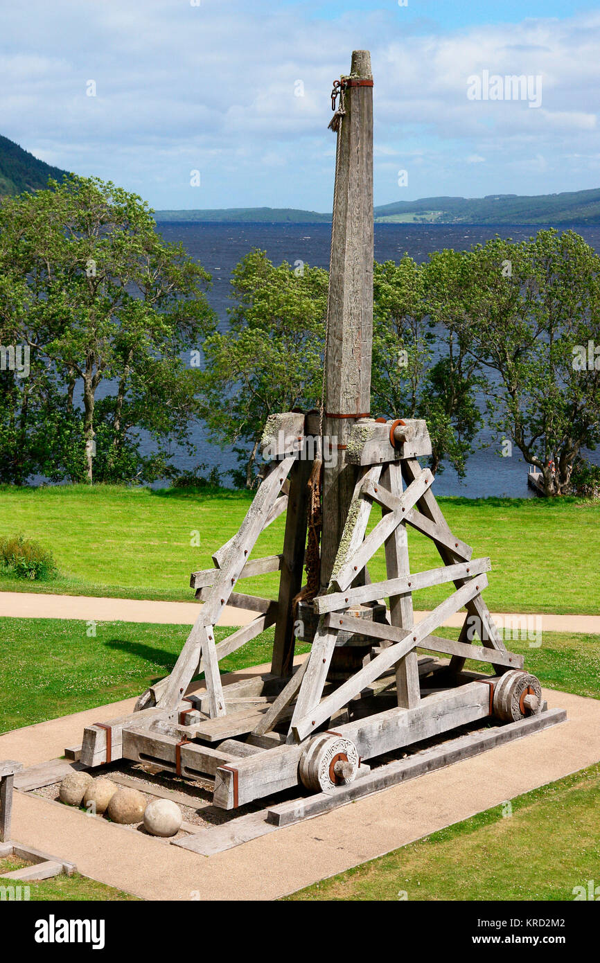 A trebuchet (siege engine) on display near Castle Urquhart, on the shores of Loch Ness, in the West Highlands of Scotland. Stock Photo
