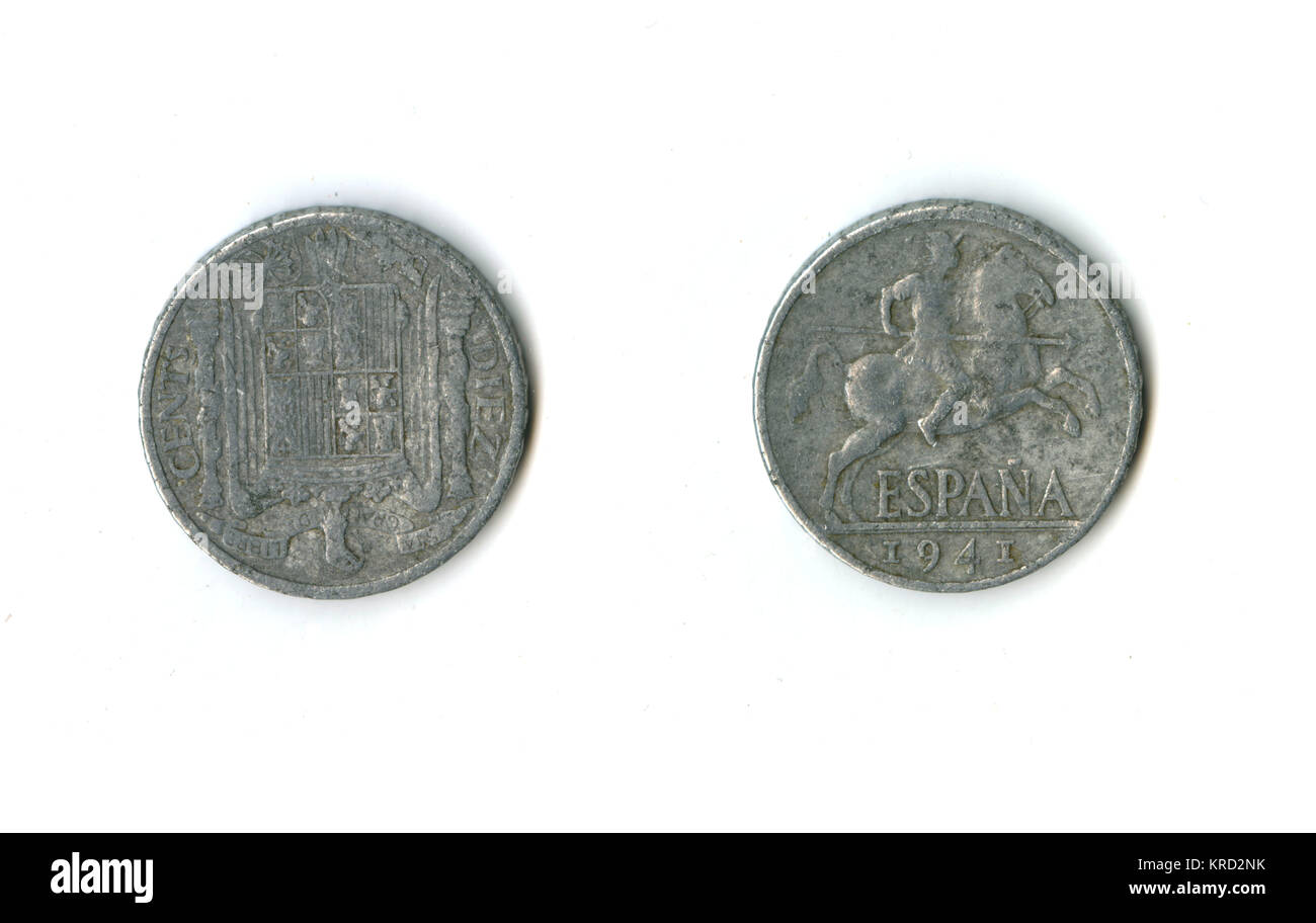 Aluminum Spanish 10 centimos coin, featuring a lancer on horseback (reminiscent of Don Quixote) on the head, and a coat of arms on the reverse, with symbols of the five regions of Spain: Castile, Leon, Aragon, Navarre and Granada.      Date: 1941 Stock Photo
