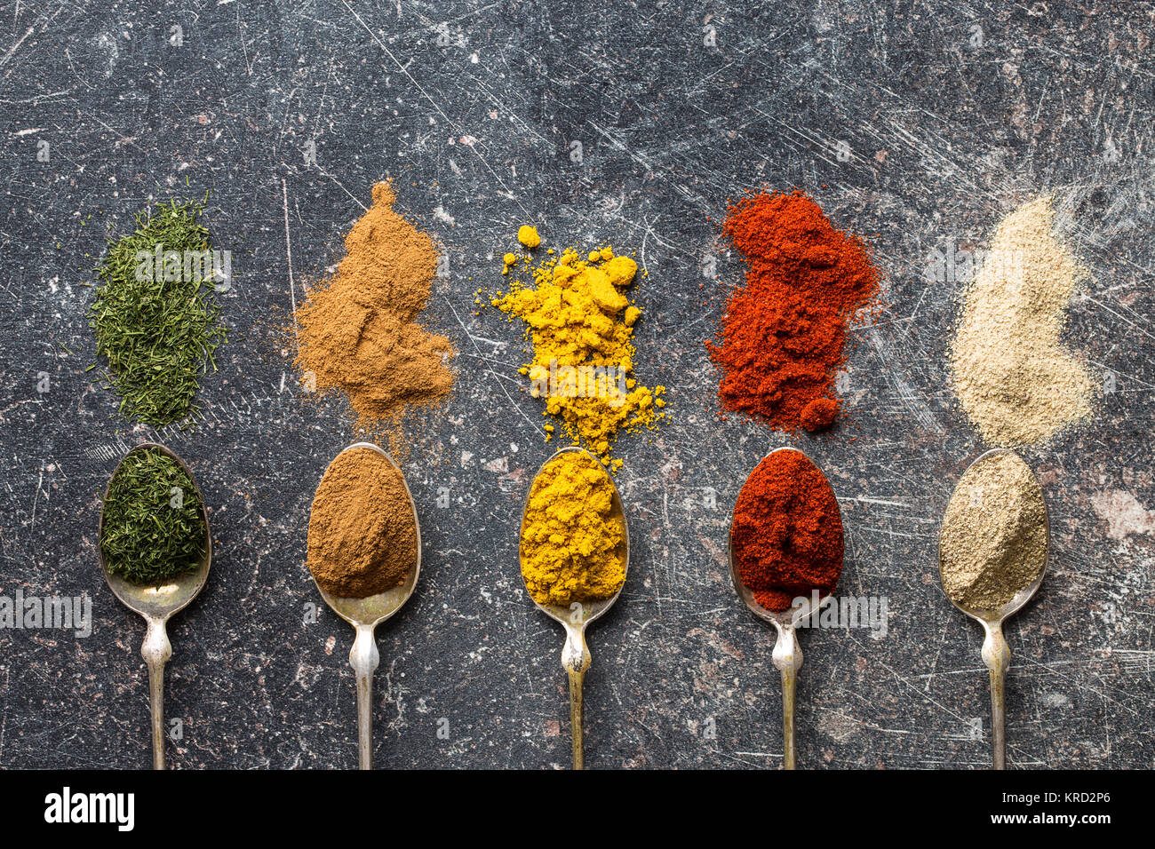 Various spices in spoons Stock Photo Alamy