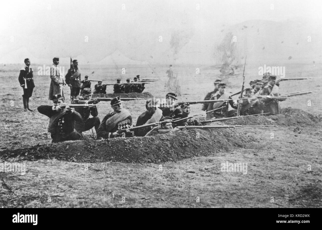 Russian Troops fire bayonettes from trenches during the Russo-Turkish war (April 24, 1877  March 3, 1878).     Date: circa 1877 Stock Photo