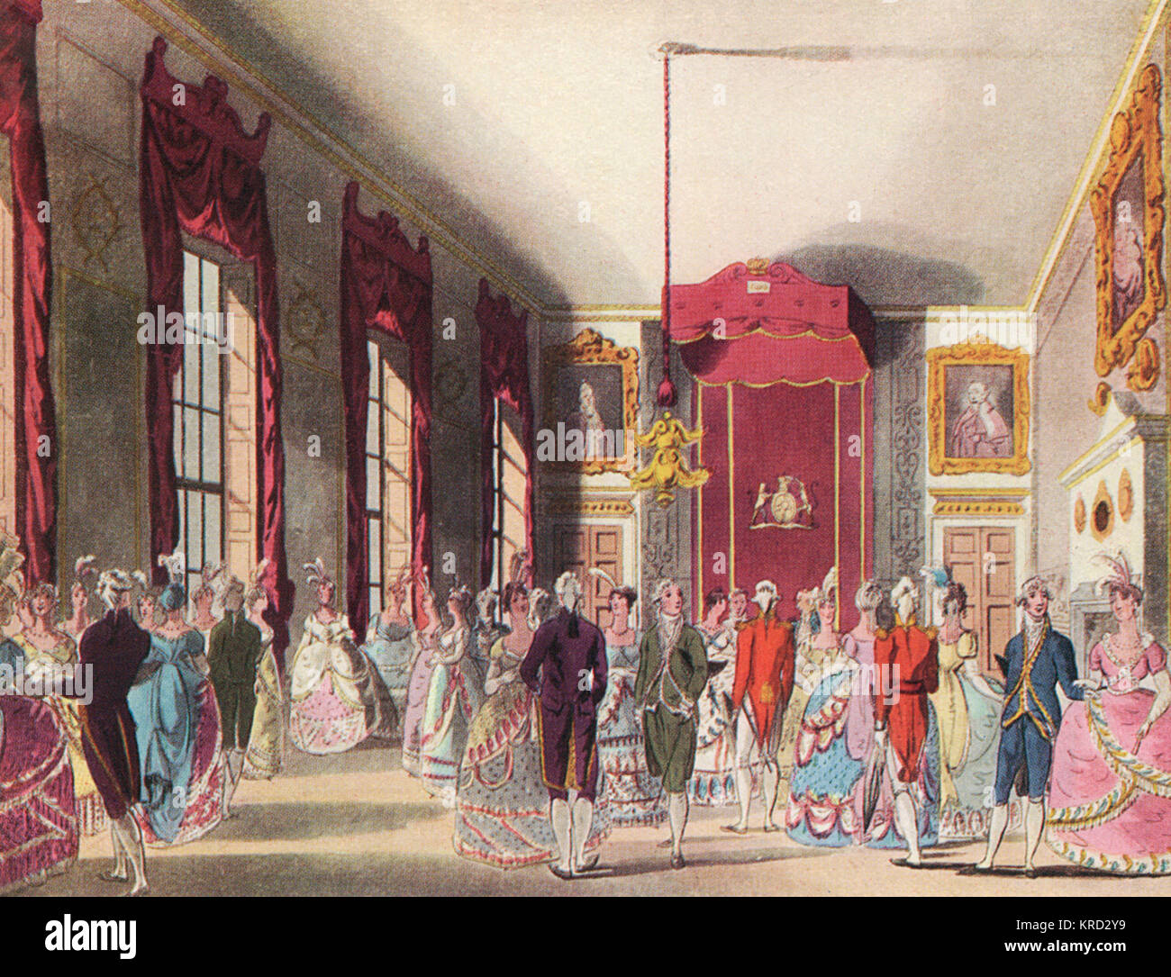 A drawing room at St. James's Palace during the reign of King George III, when the nobility would be formally presented at Court, thus establishing their place in 'society'.     Date: 1750 Stock Photo