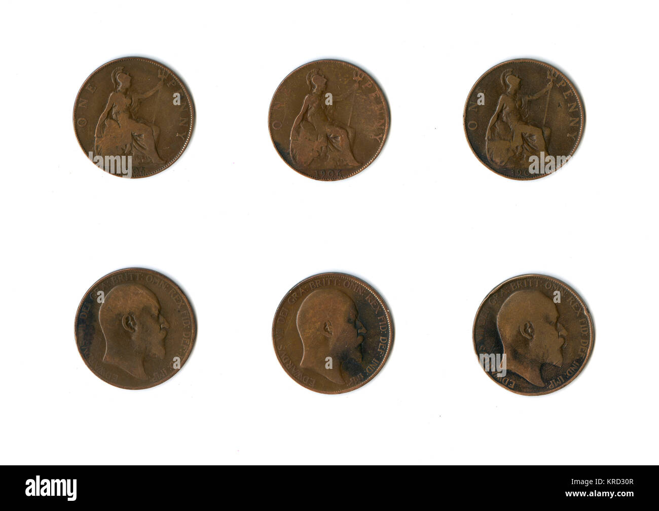 British coins, three Edward VII pennies Stock Photo