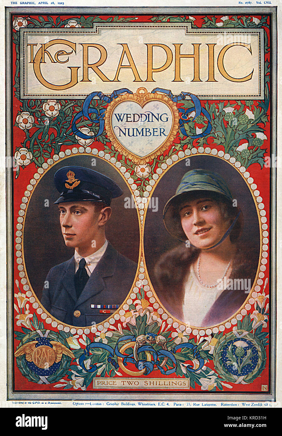 Front cover of The Graphic magazine's Royal Wedding Number, celebrating the marriage of Prince Albert, Duke of York to Lady Elizabeth Bowes-Lyon on 26 April 1923.  The cover design features the English rose, Scottish thistle, the emblem of the RAF (with the Duke in uniform) and an engagement ring.     Date: 1923 Stock Photo