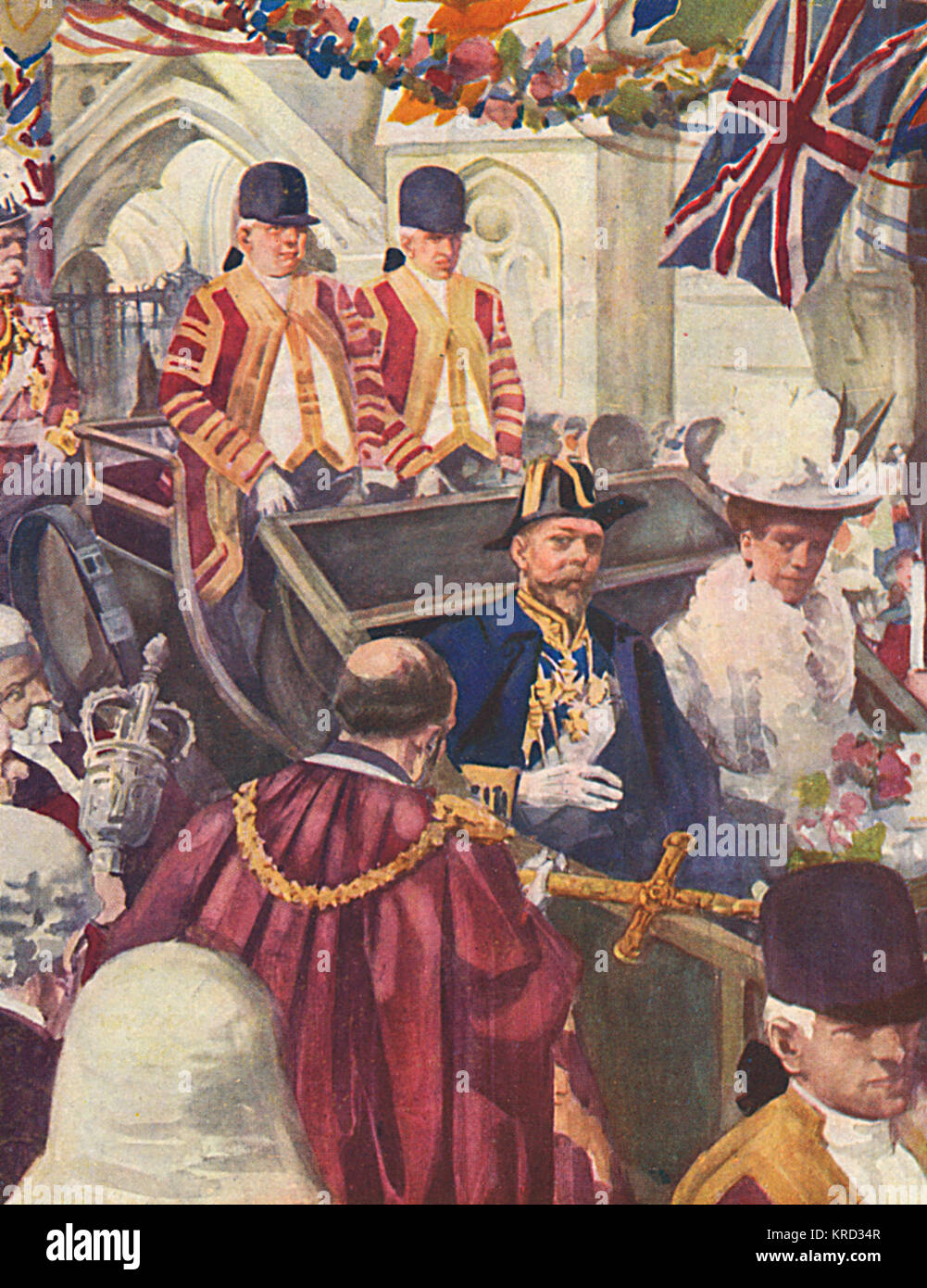King George V, pictured entering the City of London and being offered the Sword of Office by the Lord Mayor, the day after the Coronation of 1911.     Date: 1911 Stock Photo