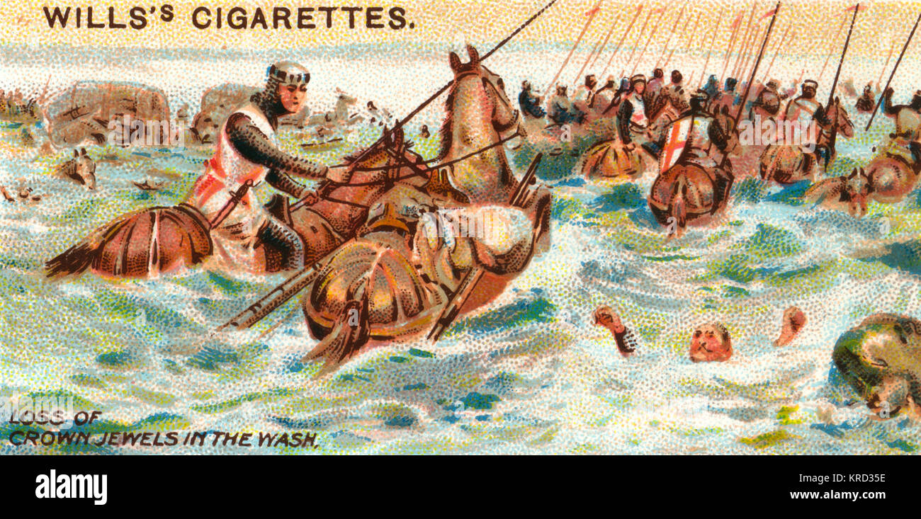 On 14 October 1216, King John, while on a campaign, arrived at the south side of the Wash.  As his army crossed the sands, the tide rose unexpectedly and the King's baggage, including the crown jewels, were lost.       Date: 1216 Stock Photo