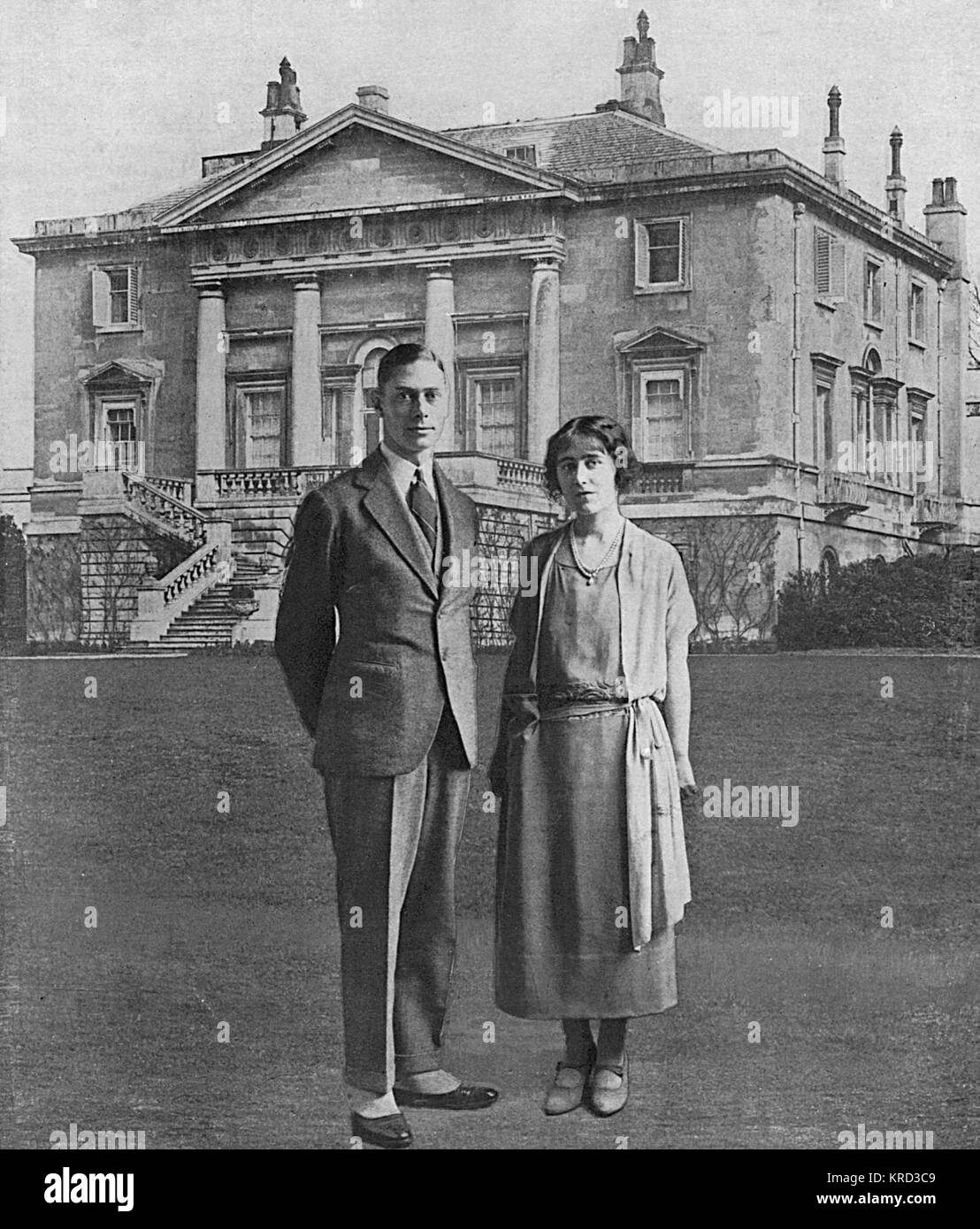 The Duke and Duchess of York, the future King George VI and Queen Elizabeth (the Queen Mother), pictured superimposed in front of White Lodge in Richmond Great Park, their first home following their marriage in April 1923.       Date: 1923 Stock Photo