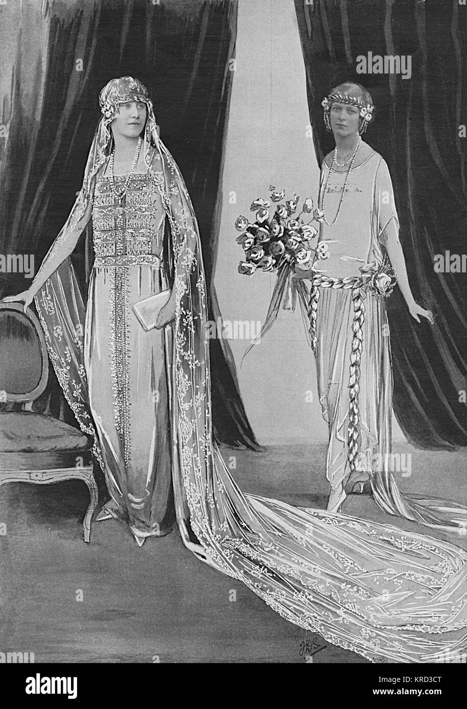 Royal wedding, 1923 - bridal gown & bridesmaid dress Stock Photo
