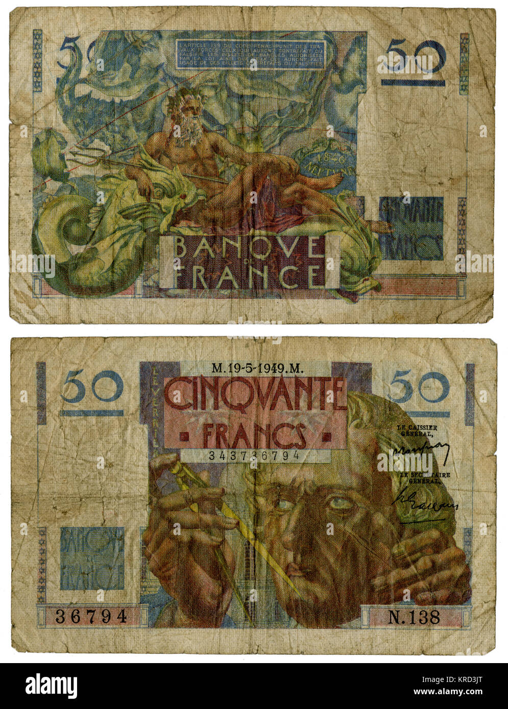 French bank note, Banque de France, 50 Francs, issued on 19 May 1949.  With a portrait of the French mathematician and astronomer Urbain Jean Joseph Le Verrier (1811-1877) on the front, and Neptune on the back.  Le Verrier took part in the discovery of the planet Neptune in 1846.      Date: 1949 Stock Photo