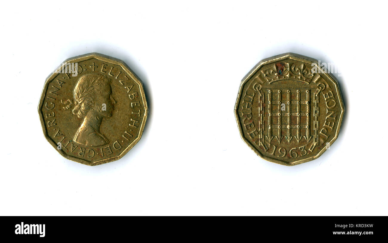 British coin, an Elizabeth II threepenny bit.     Date: 1963 Stock Photo