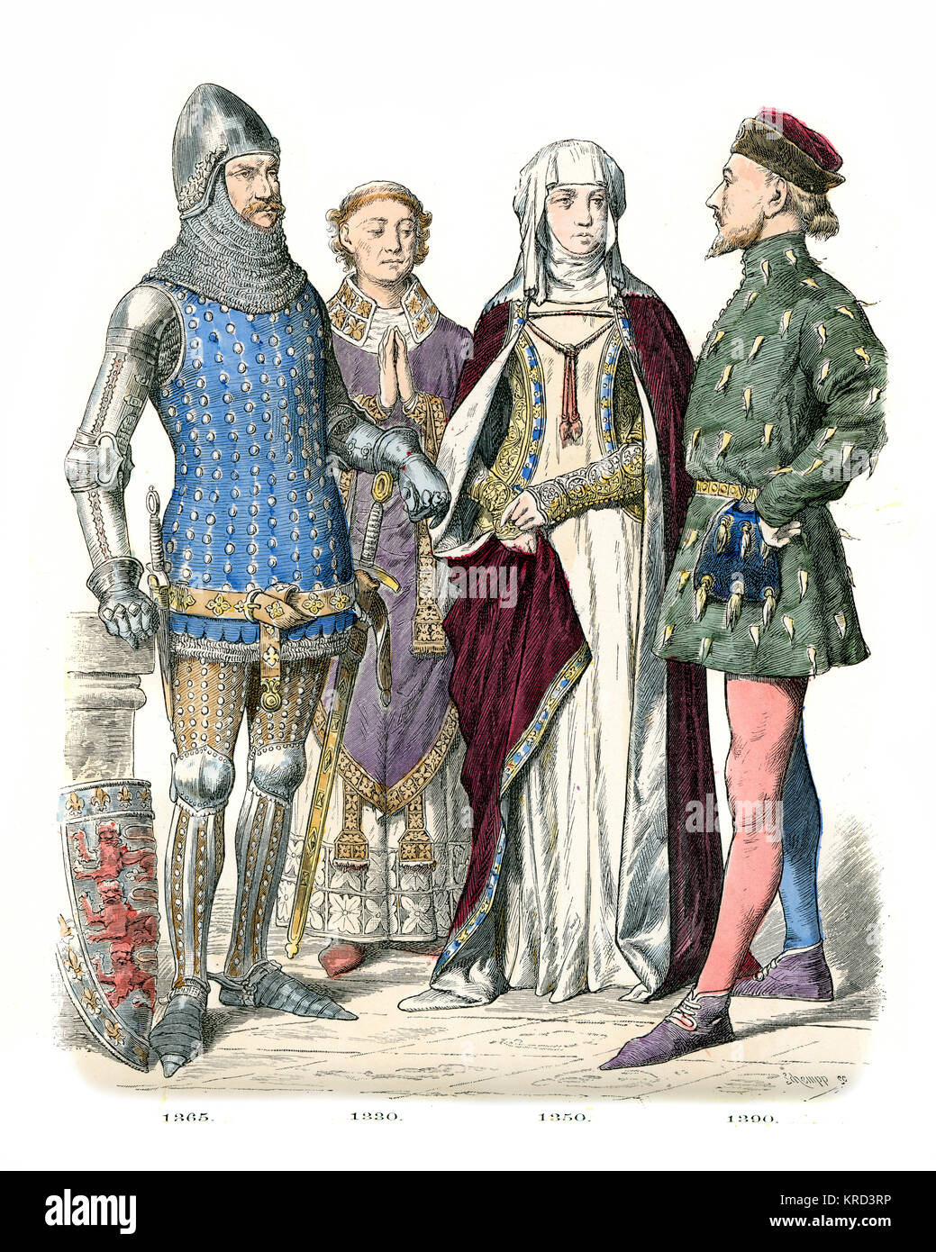Vintage engraving of English Medieval fashions of noble people, 14th Century. Knight in armour, priest, Lady and Courtier Stock Photo