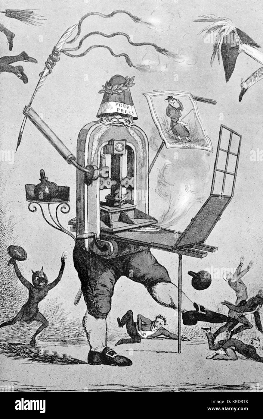 A print by H. Heath representing symbolically the fearless and trenchant attitude of the Press in early nineteenth century.  Its power is evidently directed against the Duke of Wellington who is depicted on the picture held by the printing press.  Note the printer's devil following behind.       Date: 1829 Stock Photo