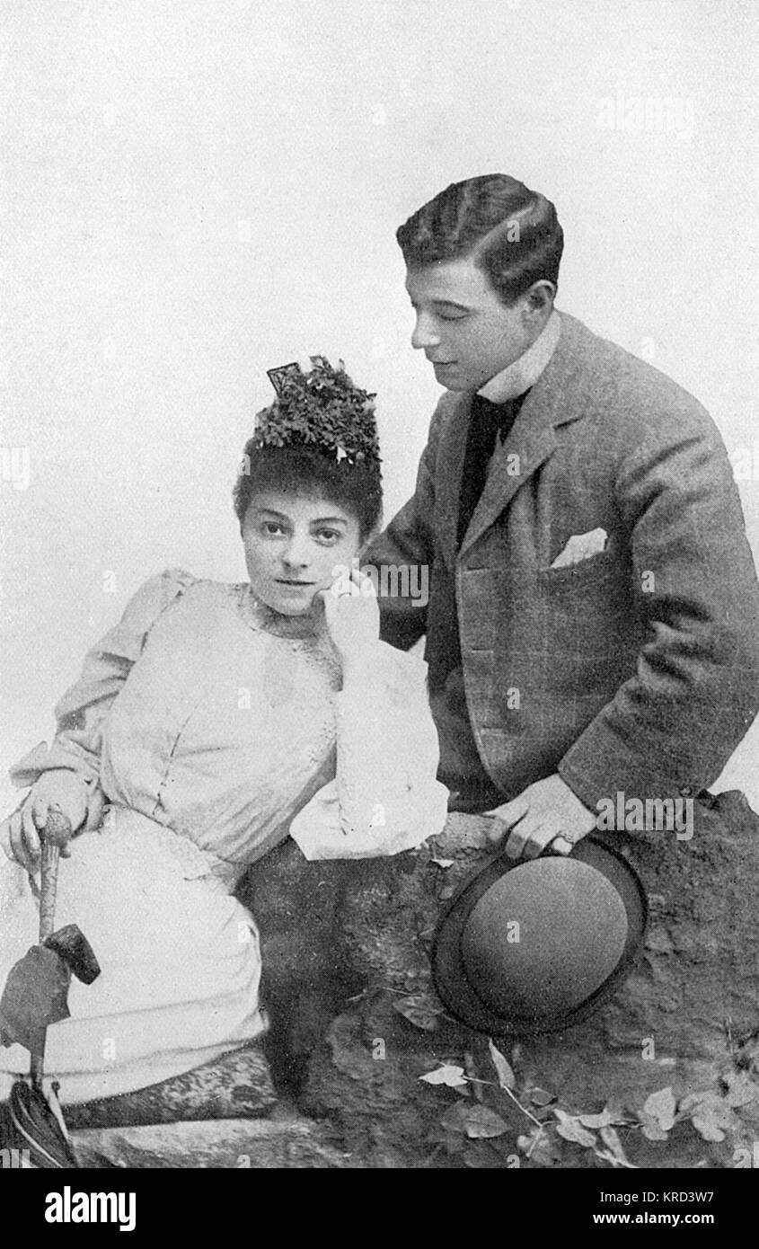 Miss Vesta Tilley (1864-1952), music hall entertainer best known for her male impersonations,, pictured on her honeymoon with her husband, Walter de Frece.       Date: 1890 Stock Photo