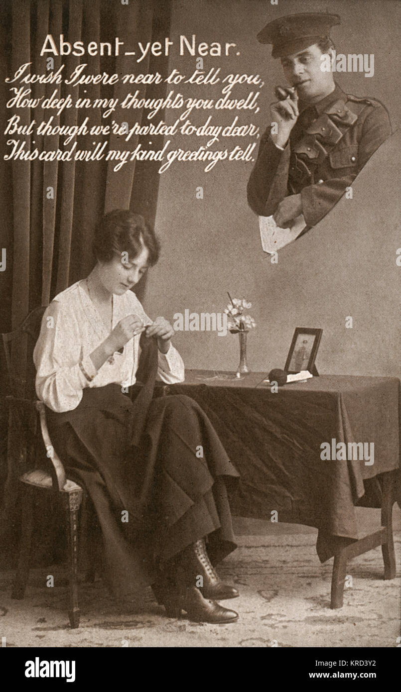 A young wife sits at home knitting comforts for the troops with her soldier husband very much in her thoughts, subliminally sending her a loving, but rather bad poem.       Date: c.1915 Stock Photo