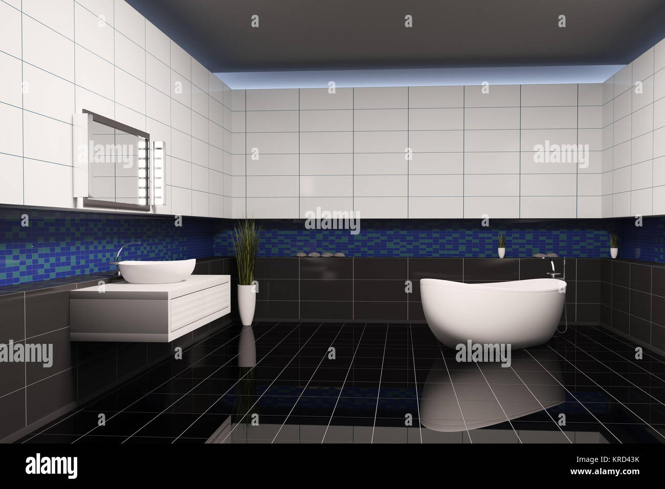 Bathroom With Black Blue White Walls Interior 3d Stock Photo
