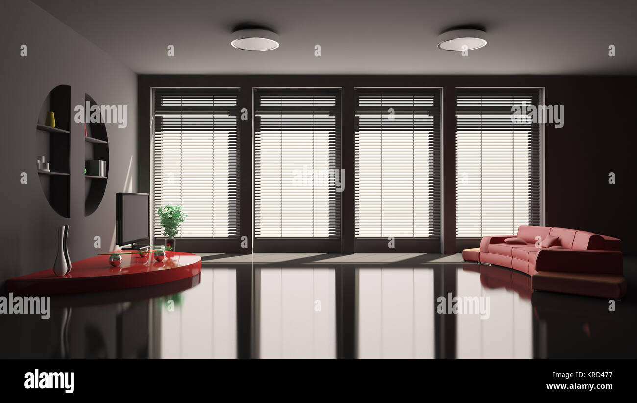 Black Living room with red sofa interior 3d render Stock Photo - Alamy