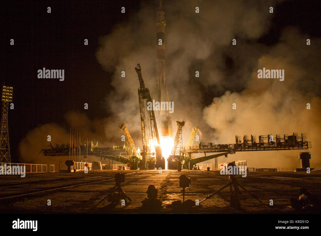 The Soyuz TMA-10M rocket launches from the Baikonur Cosmodrome in Kazakhstan on Thursday, Sept. 26, 2013 carrying Expedition 37 Soyuz Commander Oleg Kotov, NASA Flight Engineer Michael Hopkins and Russian Flight Engineer Sergey Ryazanskiy to the International Space Station.  Their Soyuz rocket launched at 2:58 a.m. local time.  Photo Credit: (NASA/Carla Cioffi) Soyuz TMA-10M rocket launches from Baikonur (2) Stock Photo