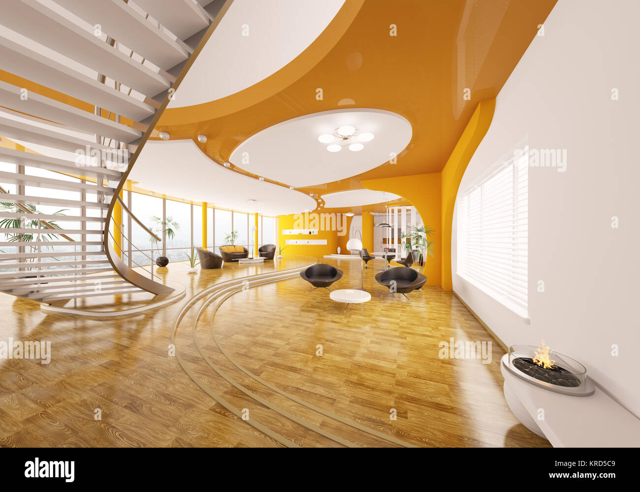Interior design of modern apartment living room hall 3d render Stock ...