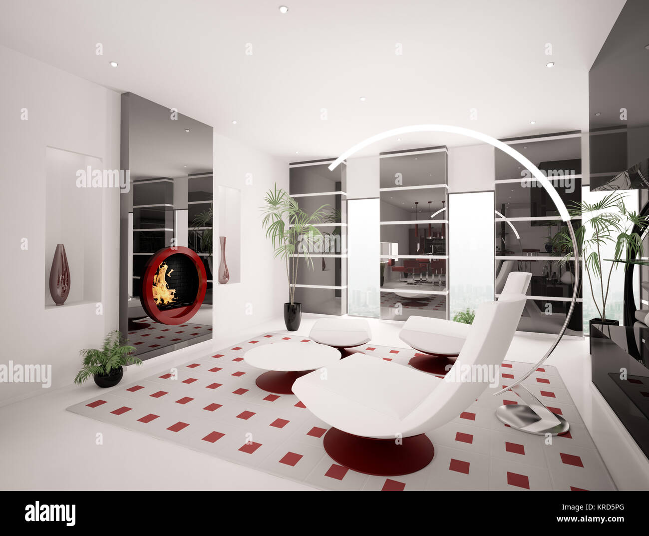 Modern interior of living room with fireplace 3d render Stock Photo - Alamy