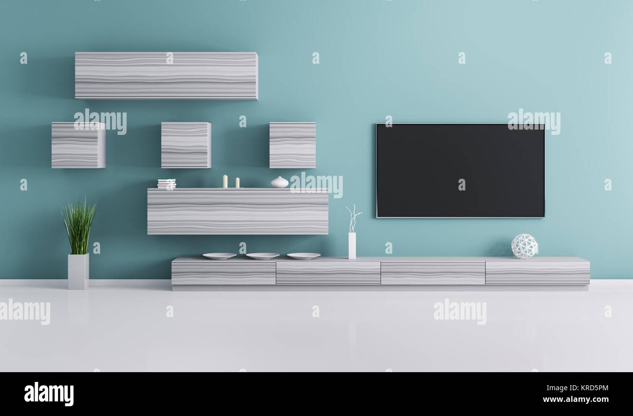 Interior of living room with plasma tv 3d render Stock Photo