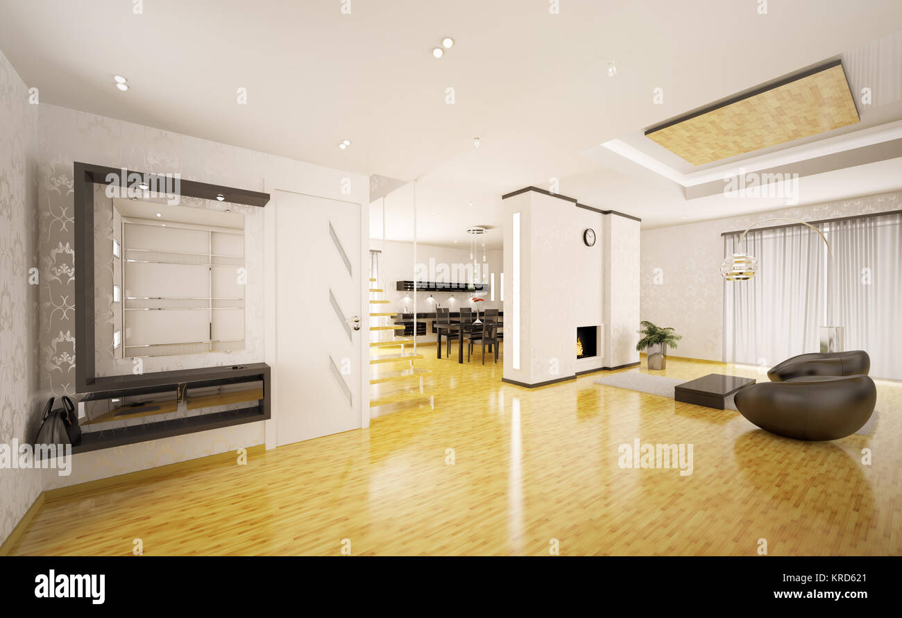 Interior of modern apartment living room kitchen hall 3d render Stock ...