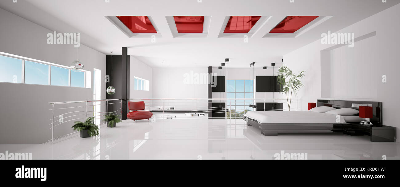Interior Of Modern White Red Black Bedroom Panorama 3d