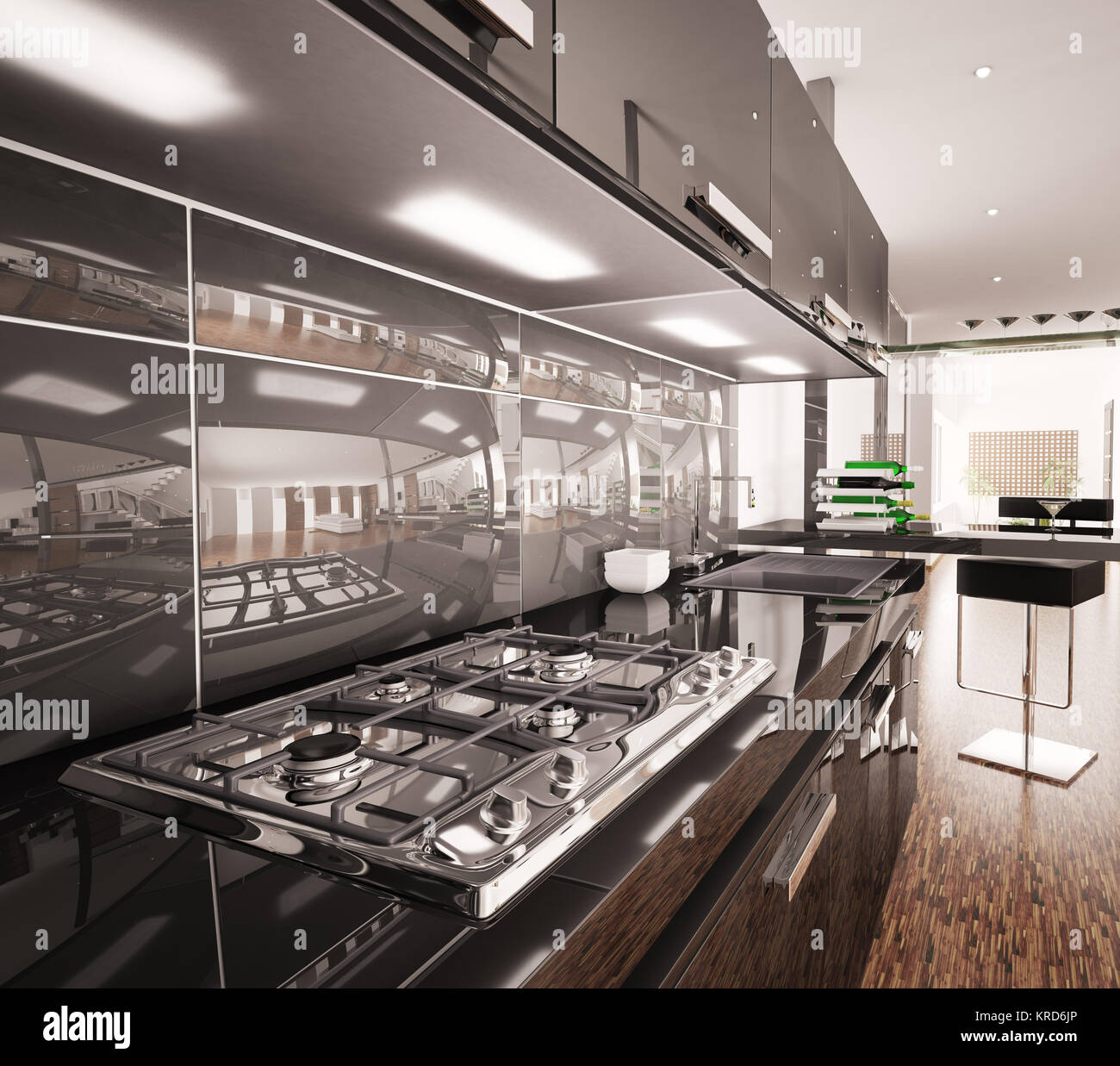 Interior of modern black kitchen with gas cooker 3d render Stock Photo ...