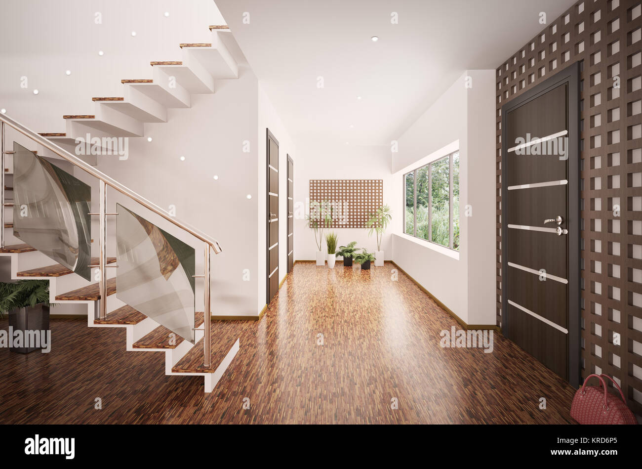Interior of modern entrance hall with staircase 3d render Stock Photo ...