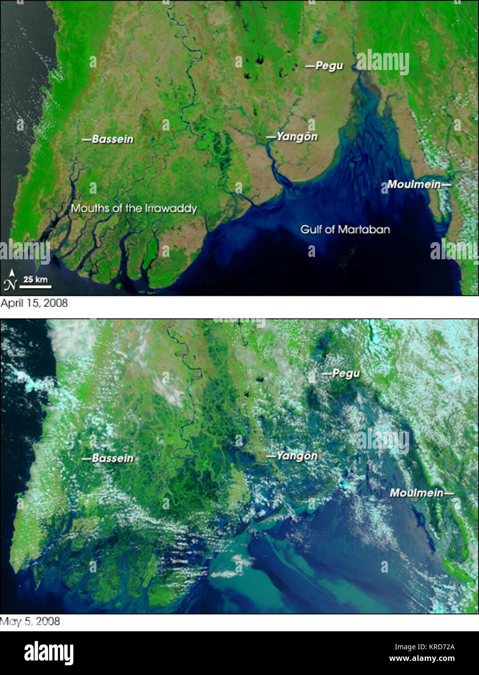 Cyclone Nargis flooding before-and-after Stock Photo