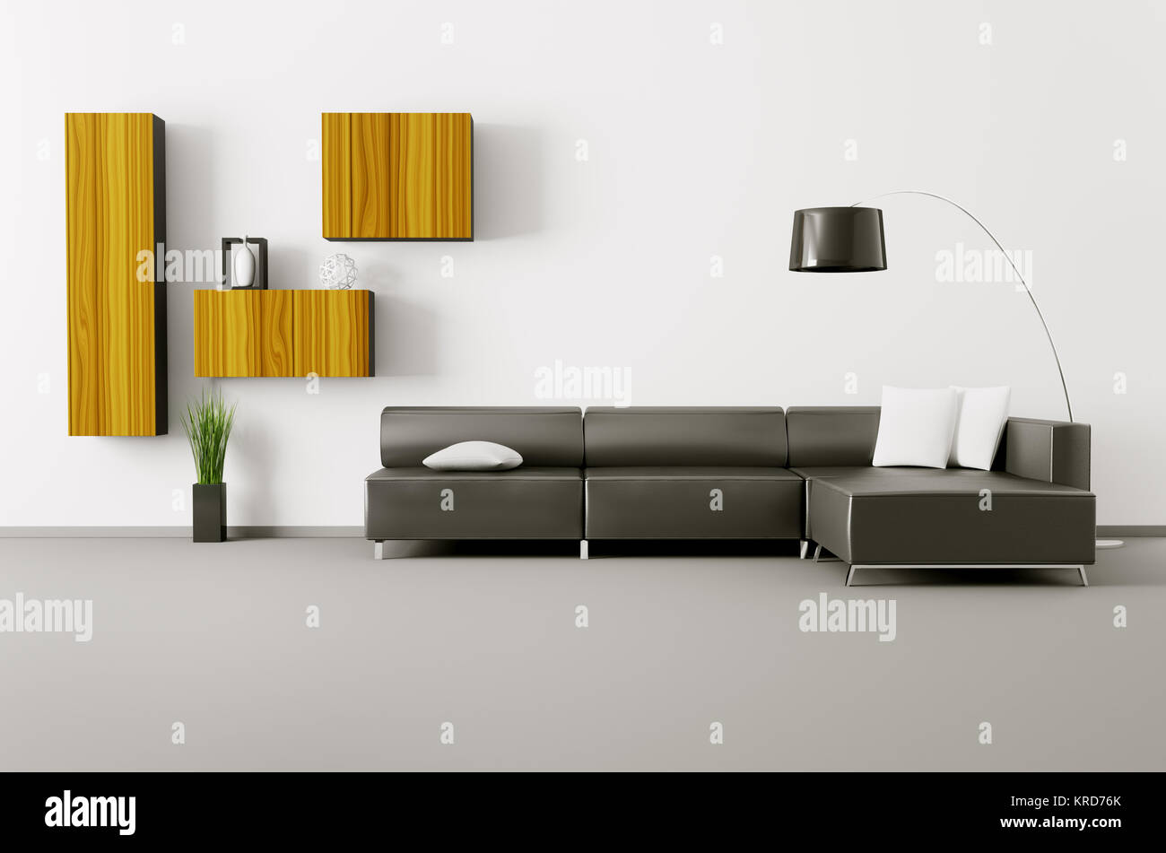 Interior of living room with black sofa 3d render Stock Photo - Alamy