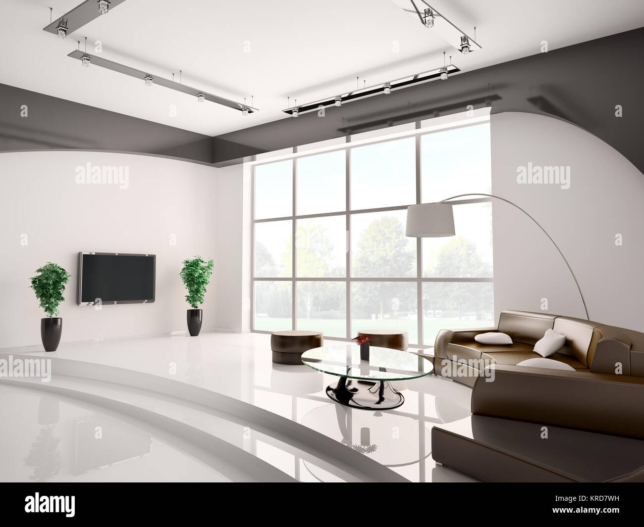 Modern living room interior with round sofa and lcd 3d Stock Photo - Alamy
