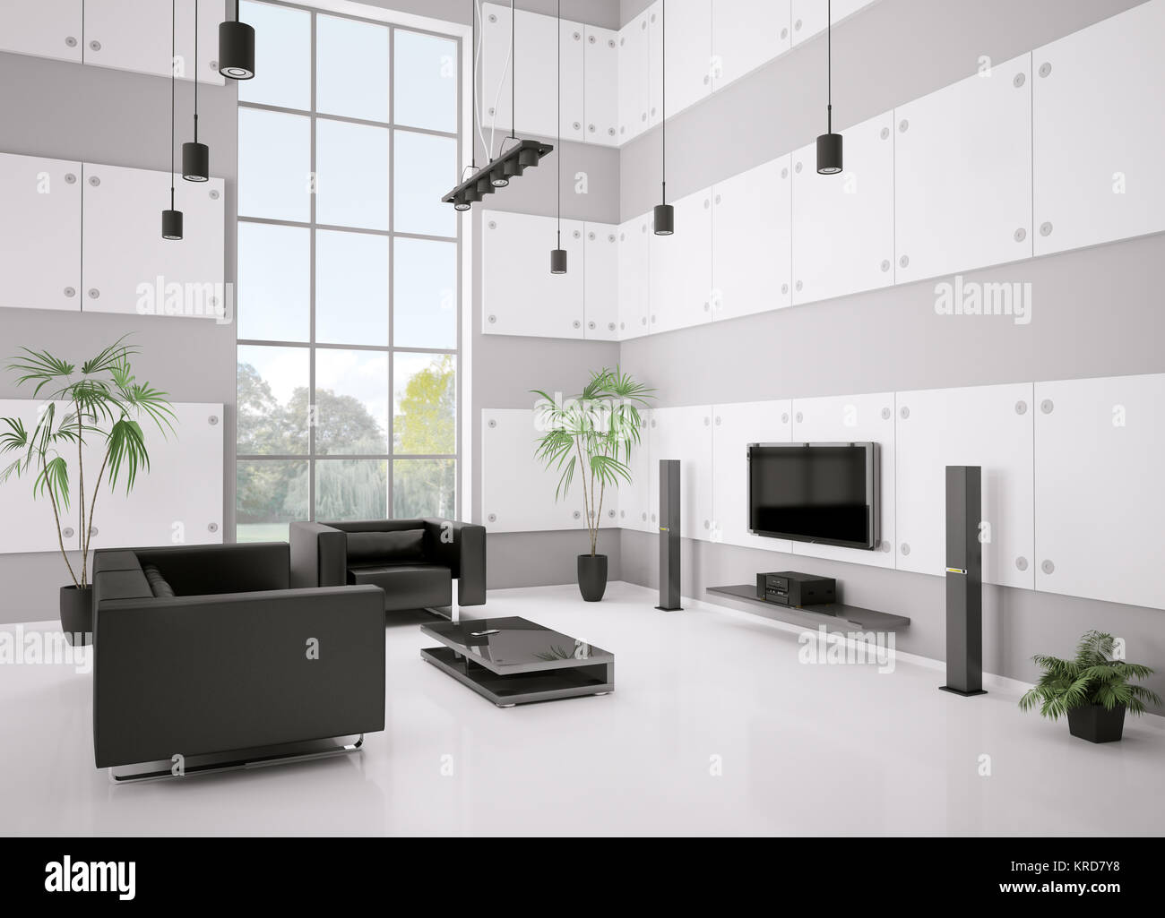 Living room with black sofa, armchair and lcd interior 3d render Stock ...