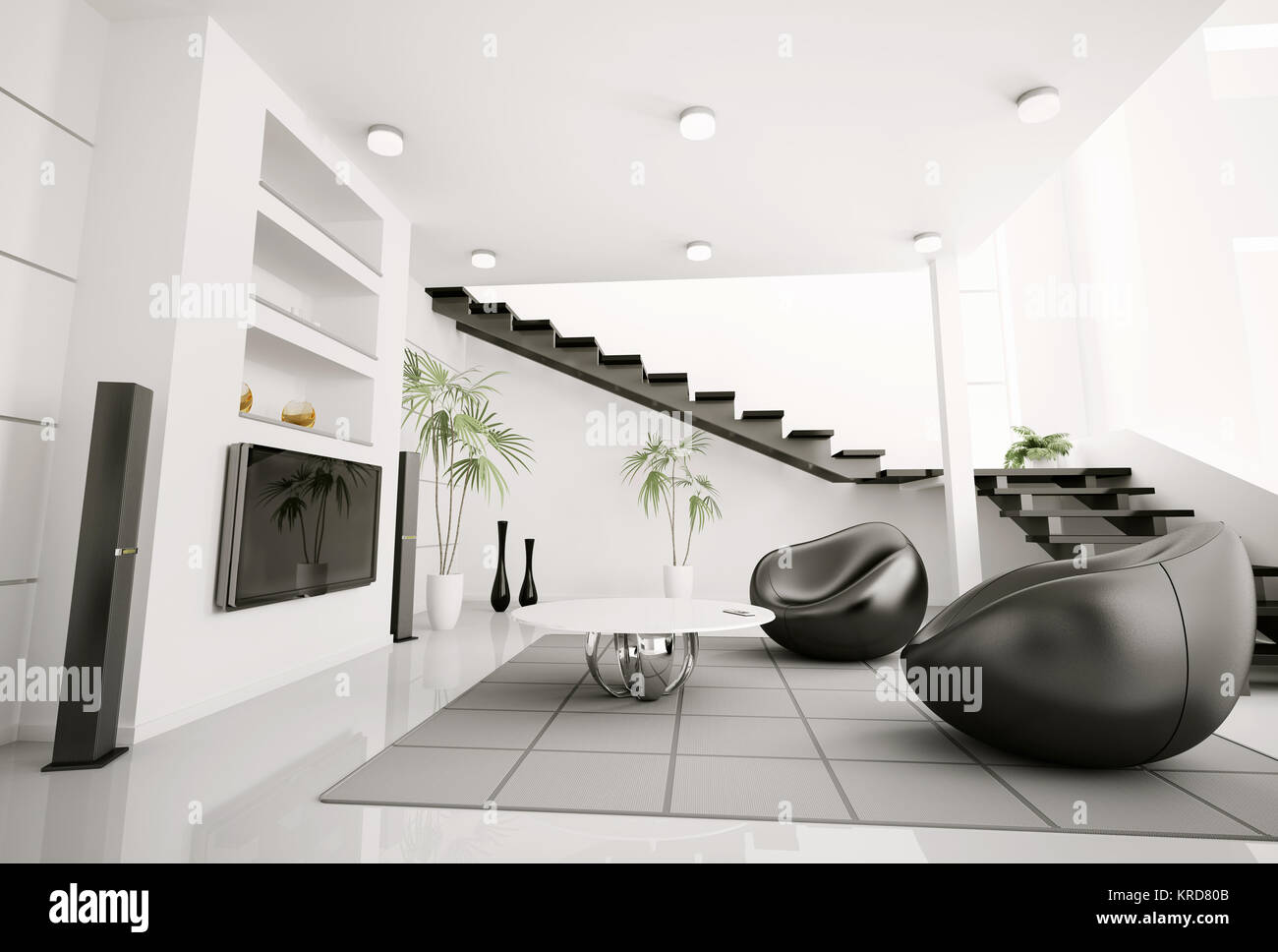 Living room interior black armchairs and lcd 3d render Stock Photo - Alamy