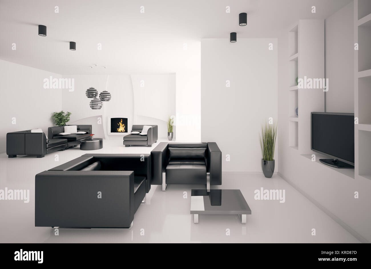 Living room with fireplace interior 3d render Stock Photo - Alamy