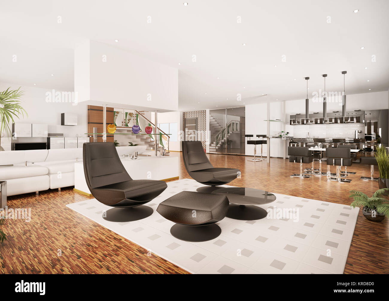 Interior of modern apartment living room kitchen hall 3d render Stock ...