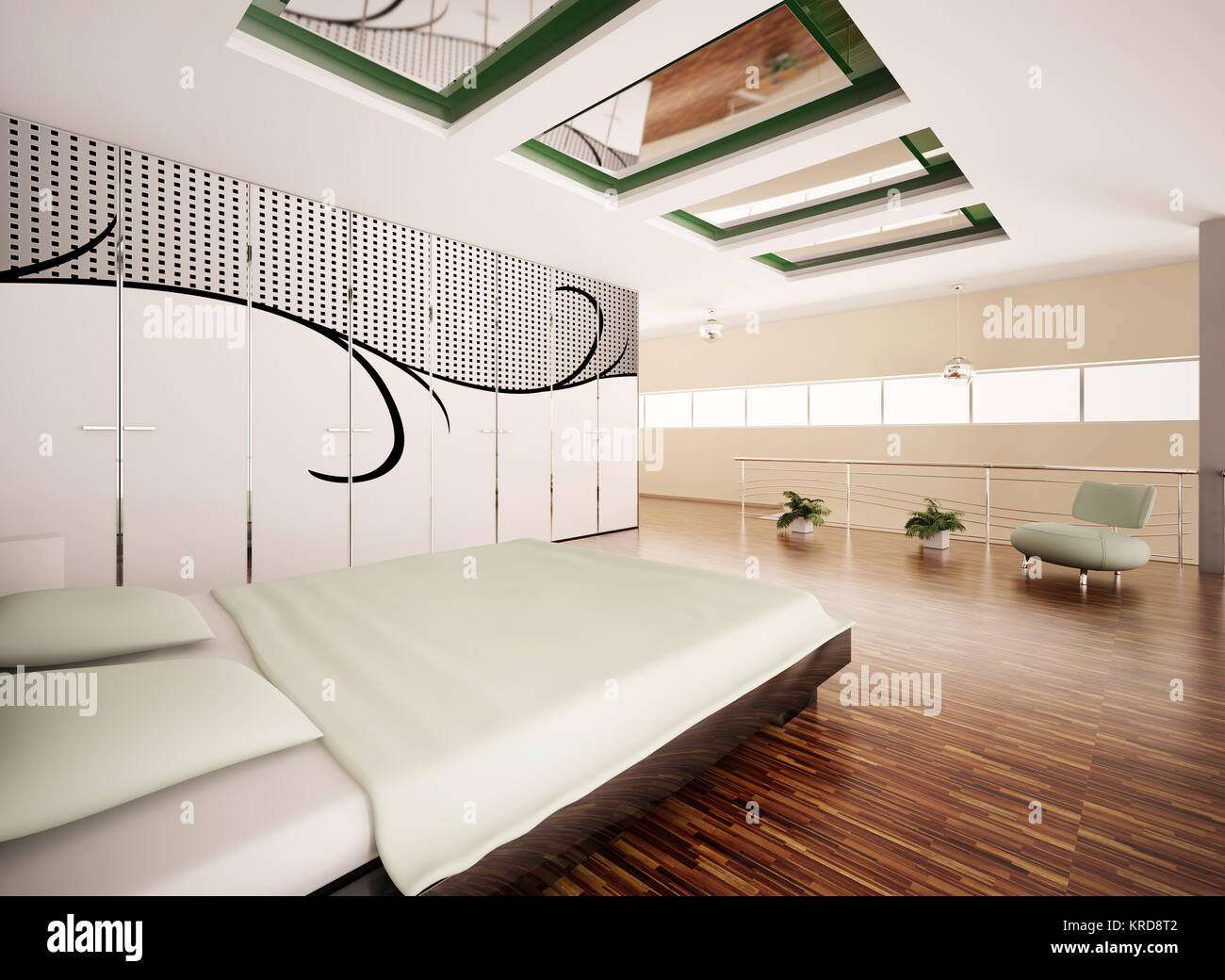 Modern Bedroom Interior With Big Pattern On The Wardrobe 3d