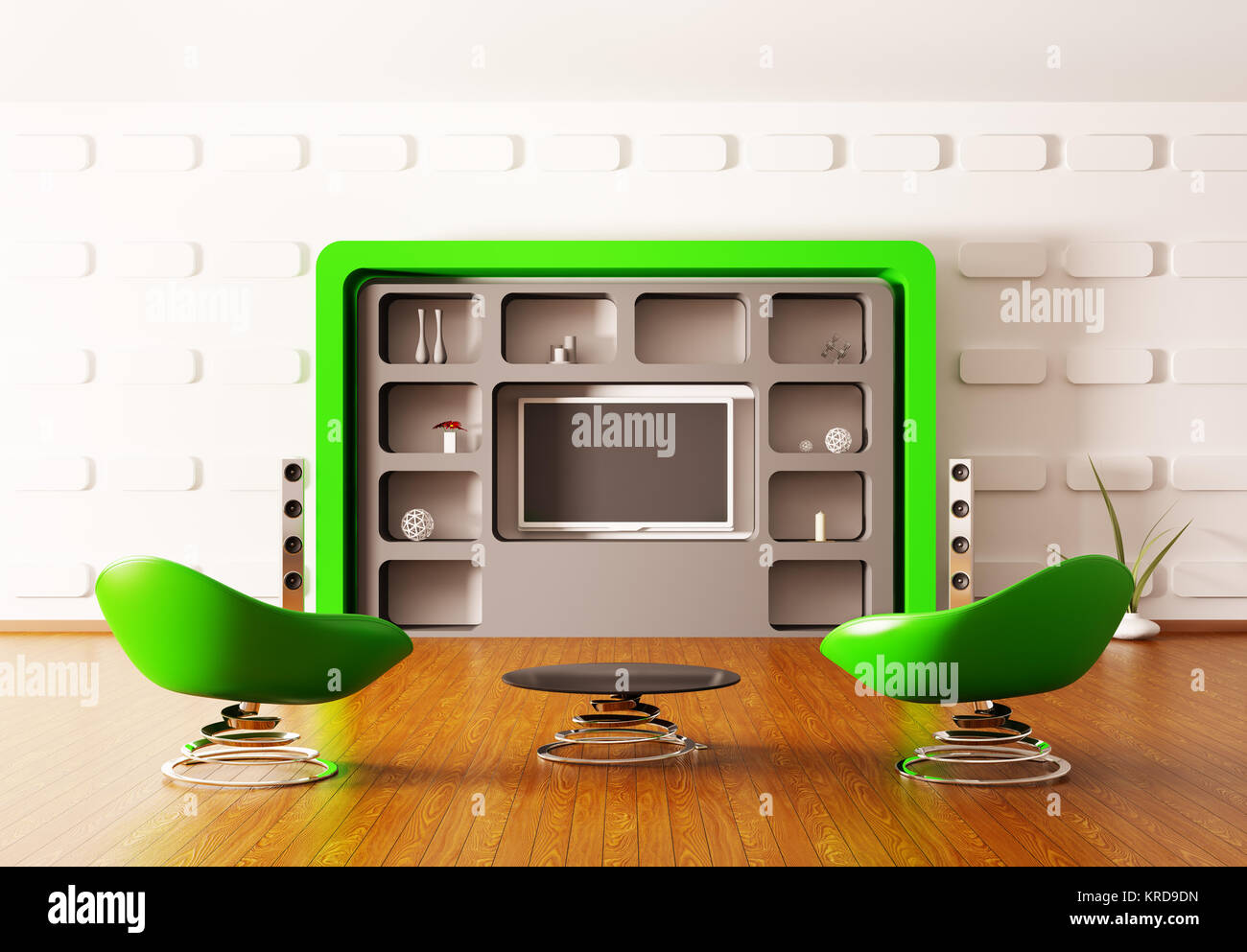 Modern interior with green armchairs and LCD 3d render Stock Photo - Alamy