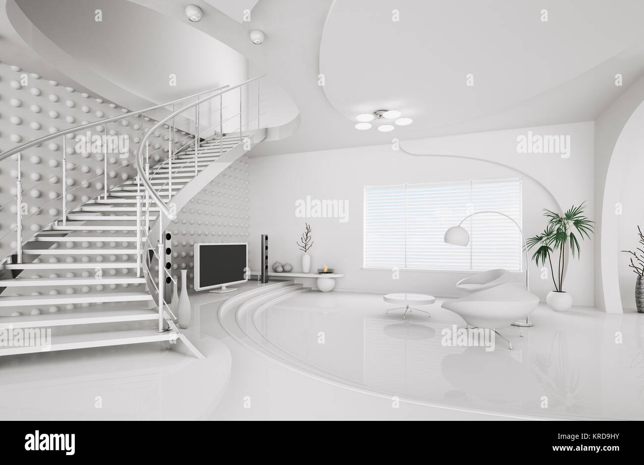 Modern interior design of white living room with staircase 3d render ...