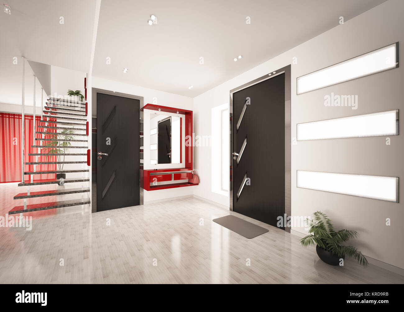 Modern interior of entrance hall with staircase 3d render Stock Photo ...