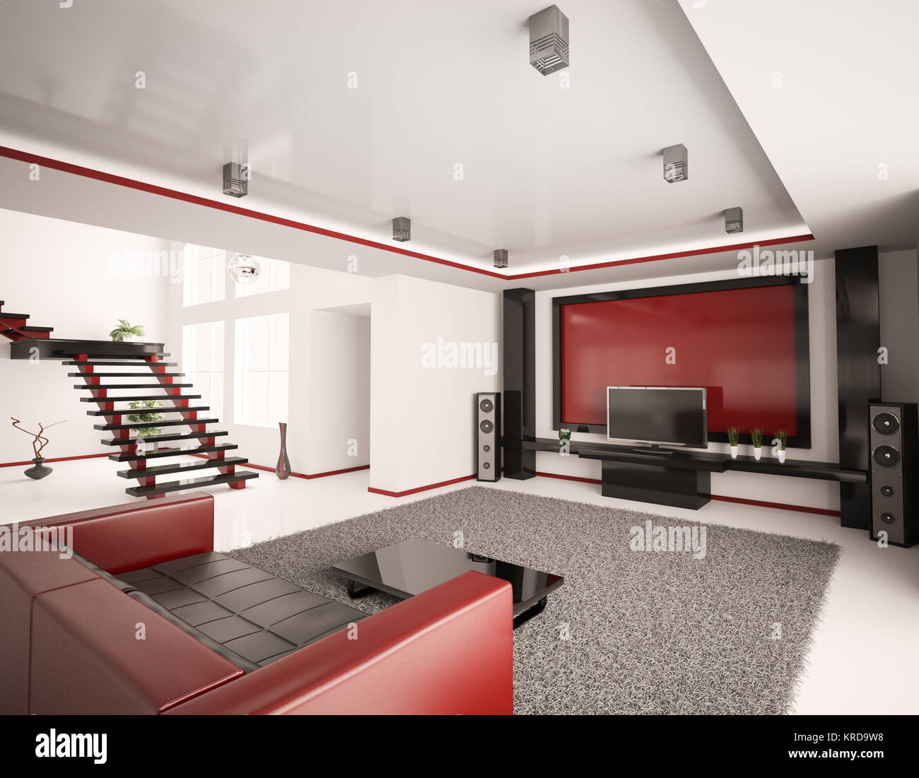 Modern interior of living room with stair 3d render Stock Photo - Alamy
