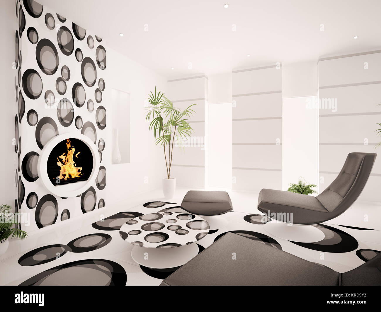 Modern interior of living room with fireplace 3d render Stock Photo - Alamy
