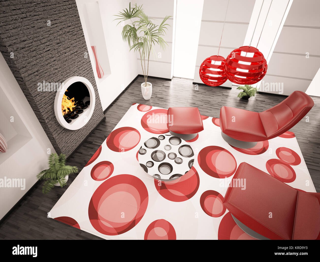 Modern interior of living room with fireplace 3d render Stock Photo - Alamy
