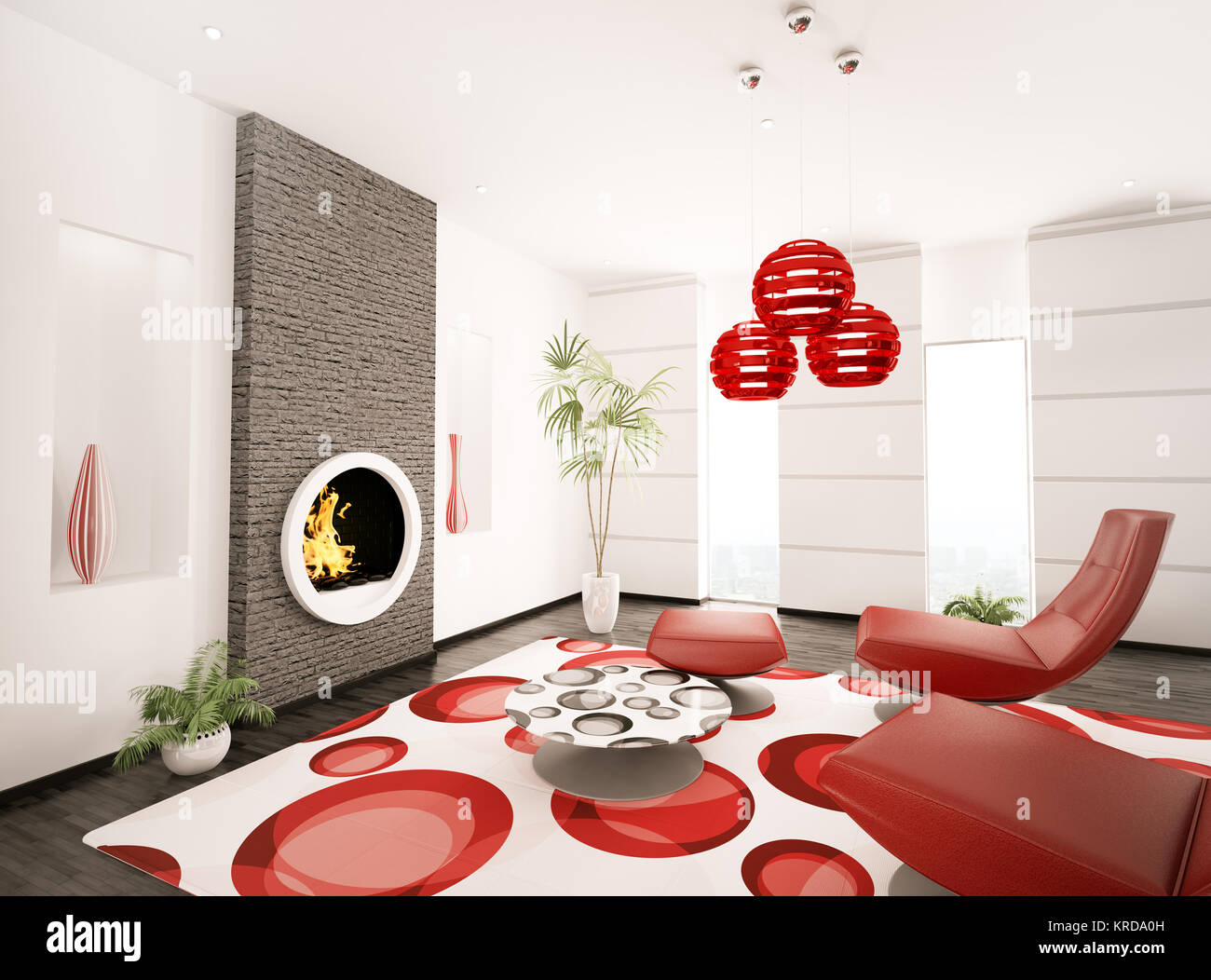 Modern interior of living room with fireplace 3d render Stock Photo - Alamy