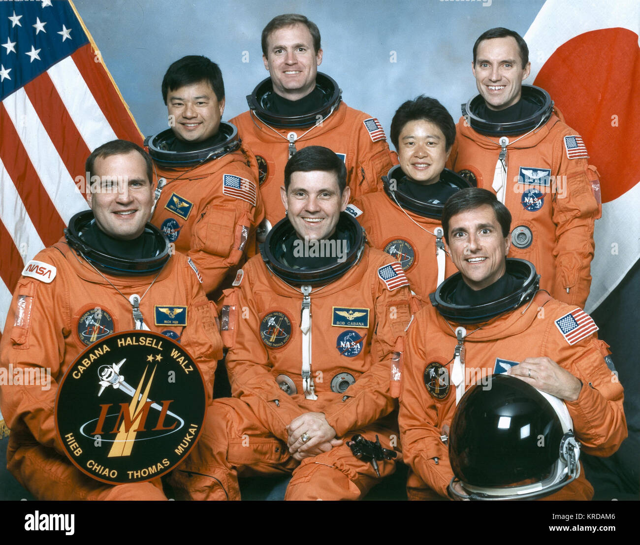 STS-65 CREW PORTRAIT: FRONT ROW L TO R: HIEB, RICK; CABANA, BOB; THOMAS, DONALD; BACK ROW L TO R: CHIAO, LEROY; HALSELL, JAMES; MUKAI, CHIAKI; WALZ, CARL. Sts-65 crew Stock Photo