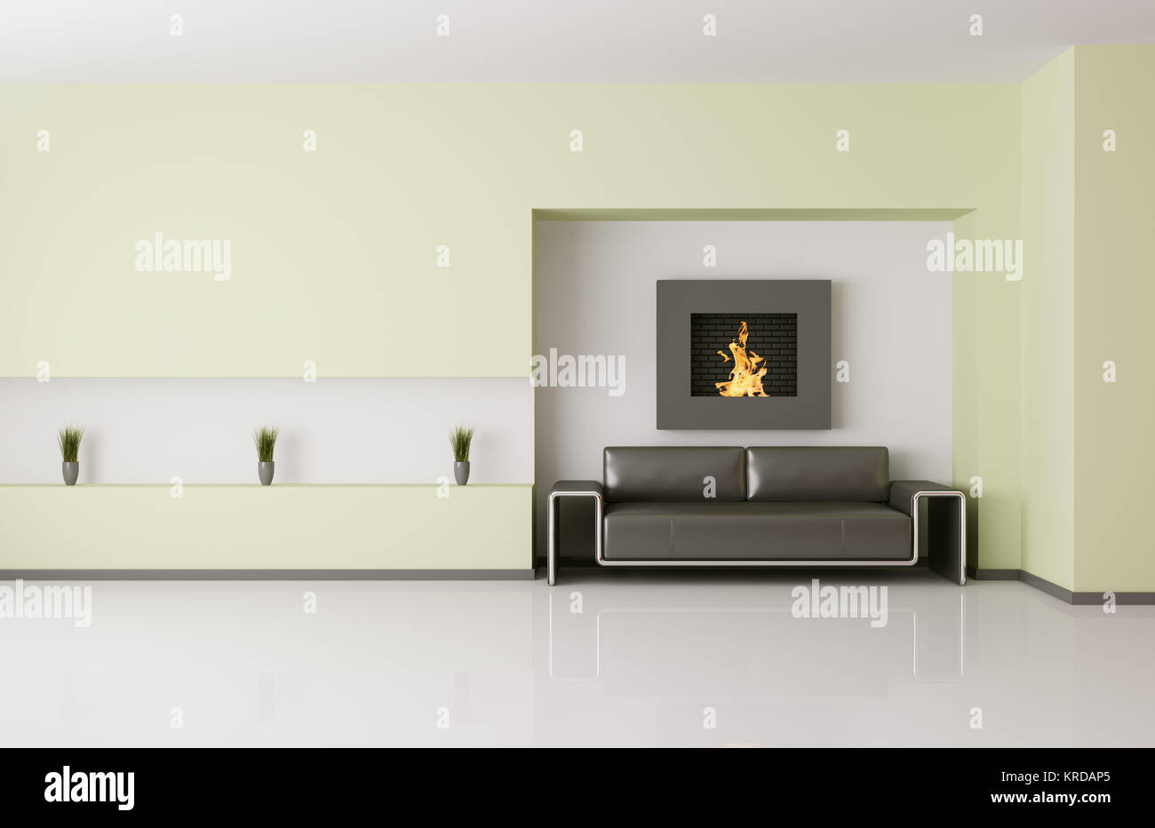 Modern interior of room with fireplace and sofa 3d render Stock Photo ...