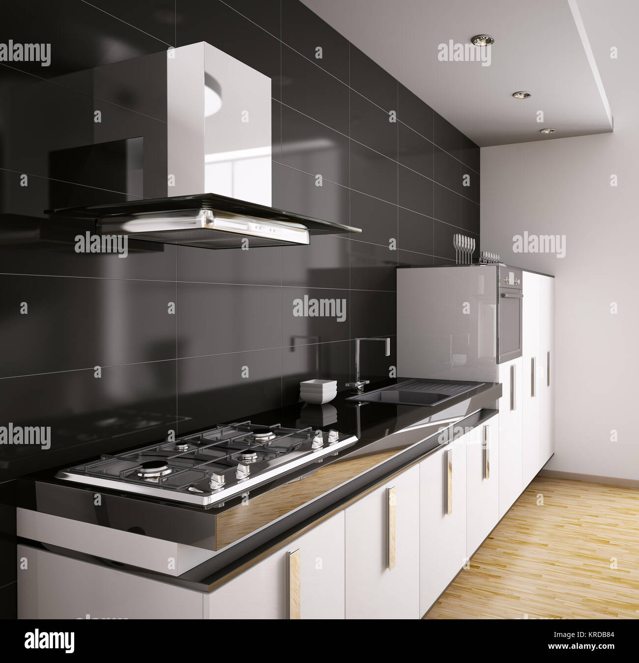 Modern kitchen with sink gas cooktop and hood interior 3d 
