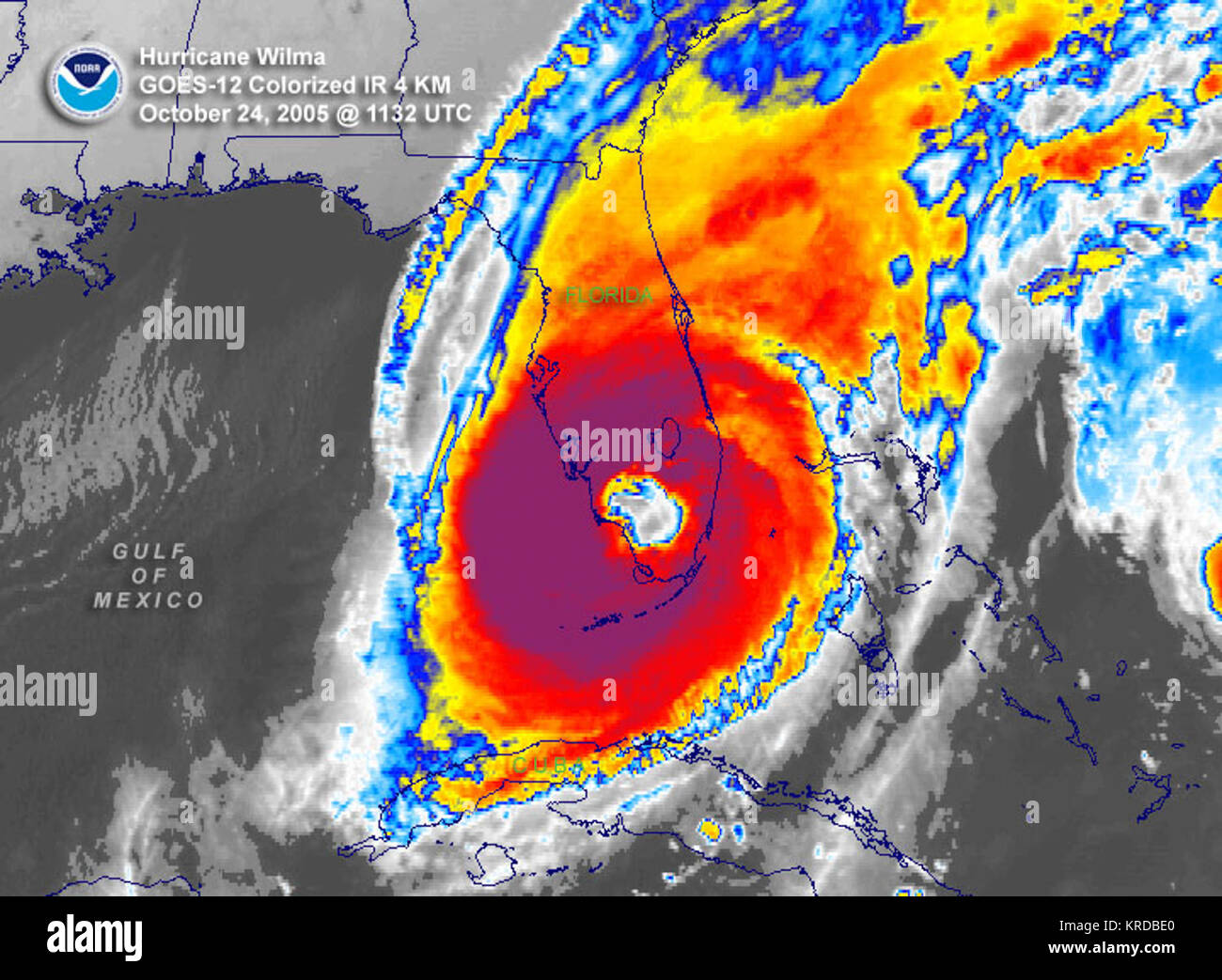 Hurricane Wilma over South Florida  enhanced color GOES 12 satellite image Stock Photo