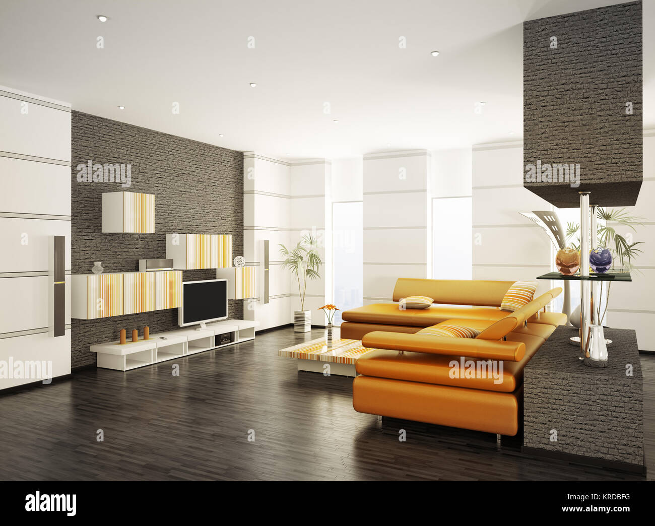 Modern living room with orange sofa and LCD interior 3d render Stock ...