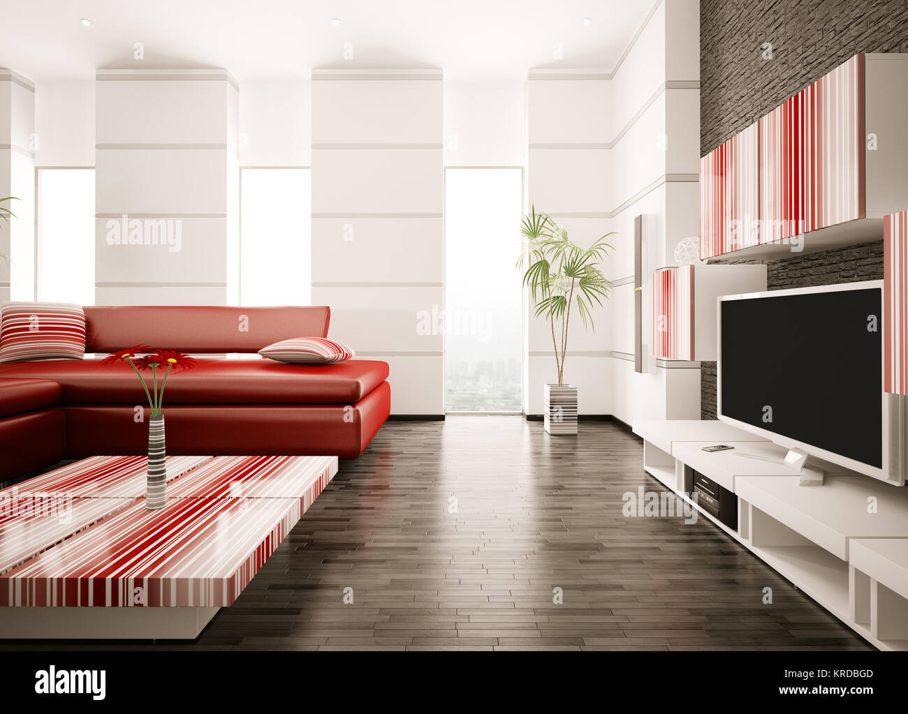 Modern living room with red sofa and LCD interior 3d render Stock Photo ...