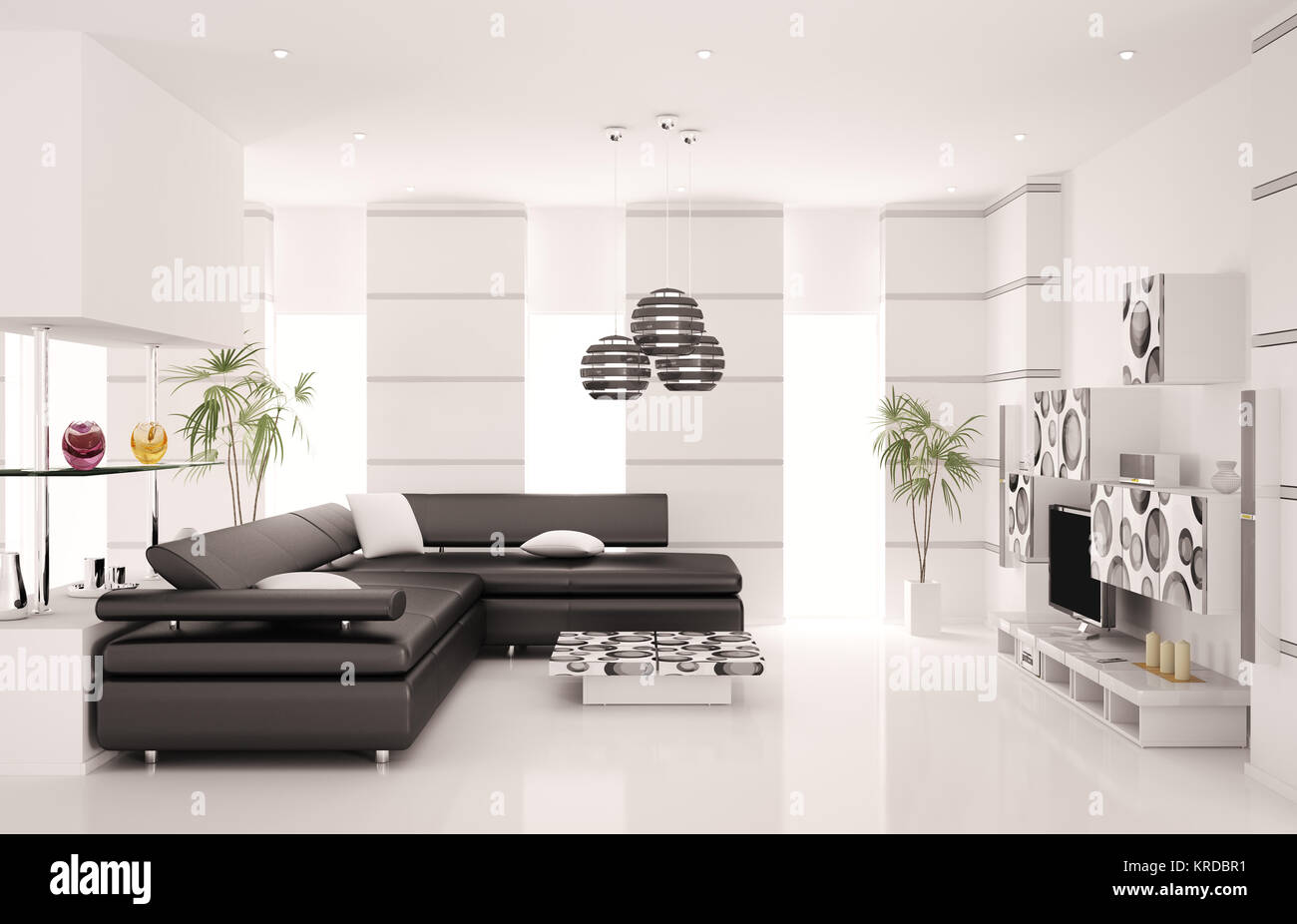 Modern living room with black sofa and LCD interior 3d render Stock ...