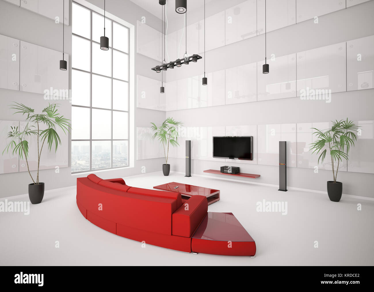 White living room with red sofaand lcd interior 3d render Stock Photo ...
